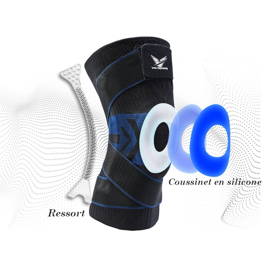 Noir et Bleu — Genouillère Sport à Sangles avec coussinet en silicone et ressort